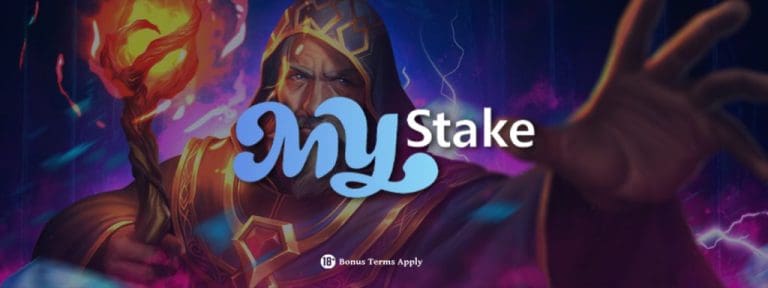 Ancient wizard casting spell at casino game.  MyStake Casino Online